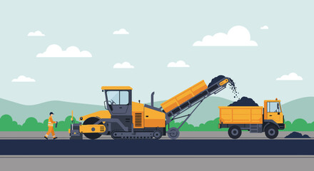 Road Construction Scene with Asphalt Milling Machine and Truck.