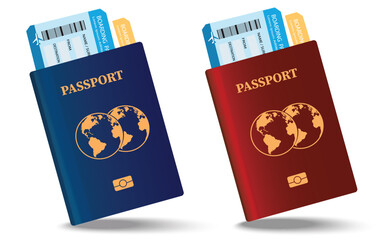 Vector passport with tickets. Air travel concept. Flat Design citizenship ID for traveler isolated. Blue and red  international document pasports illustration.vector