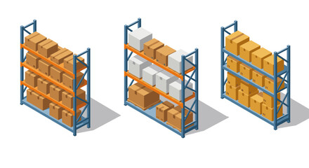 Isometric warehouse shelves with cardboard boxes on metal racks