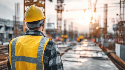Construction worker looks out over a large construction site