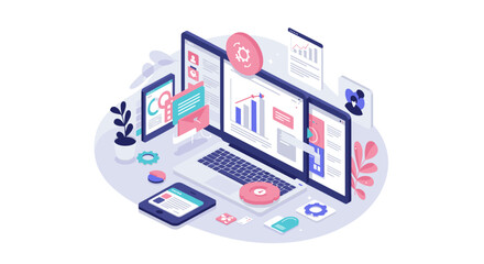 Isometric digital workspace with charts and graphs on devices for business analysis
