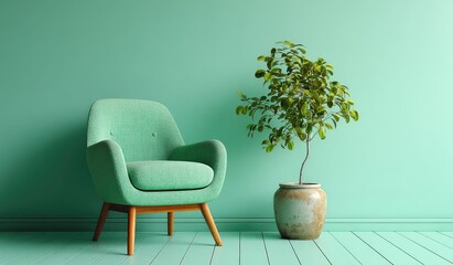 Teal armchair and potted plant in a mint green room