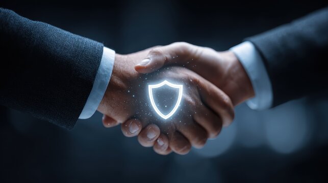 Businessmen handshaking near glowing security hologram, representing collaborative professional agreement with digital protection
