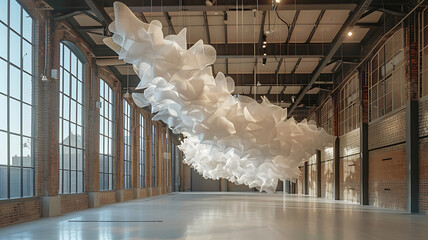 Modern art installation: Expansive white sculpture suspended within an industrial space with large windows.