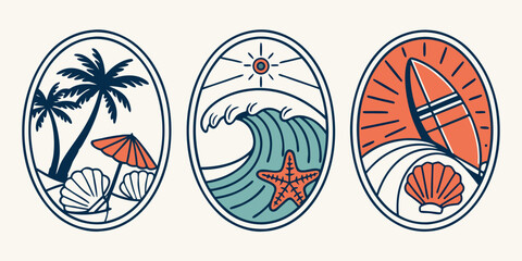 Illustration featuring three distinct beach-themed designs with palm trees, waves, and surfing elements in a vintage style.