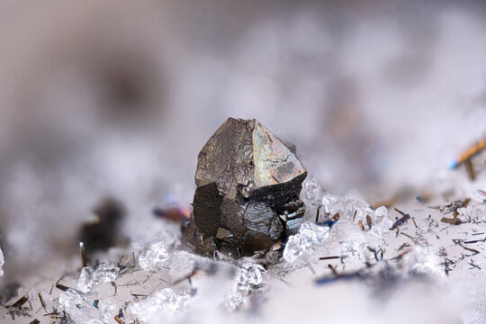 Arsenopyrite on fluorite and quartz. Specimen from Clara mine, Oberwolfach, Germany. Micro photography extreme close-up. microscope mineral crystal photography for Scientific use