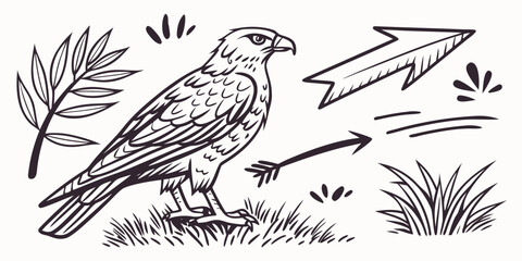 Fototapeta premium Detailed illustration of a hawk perched on grass with dynamic arrow motifs and foliage elements.