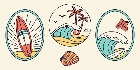 Illustration of beach-themed elements including a surfboard, palm trees, and ocean waves with a seashell accent.
