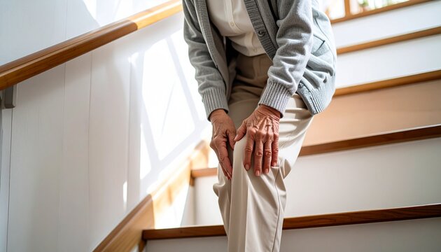 膝をさすりながらゆっくりと慎重に階段を降りる高齢者  膝の痛みとシニアライフのイメージ