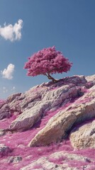 Pink tree atop a rocky hill