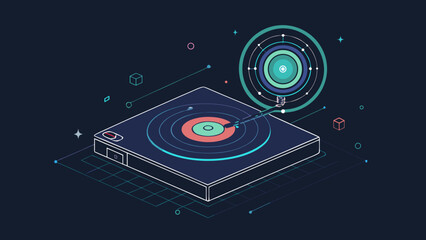 Obraz premium Isometric futuristic device with holographic interface in minimal retrofuturistic style on dark background