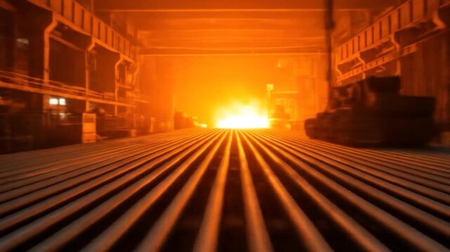 Industrial metal production perspective with steel rods and glowing light source