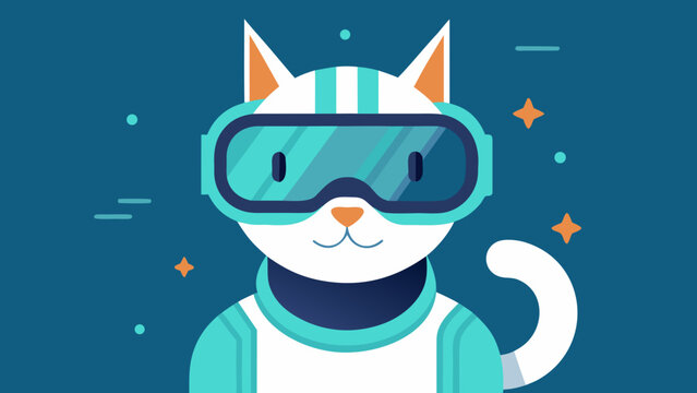 Futuristic cat in VR goggles in minimalist retrofuturistic style on blue background