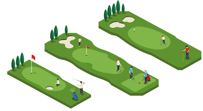 Isometric golf course with players in action on green fields