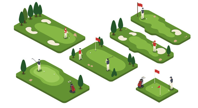 Isometric golf course with players on green fields and flags
