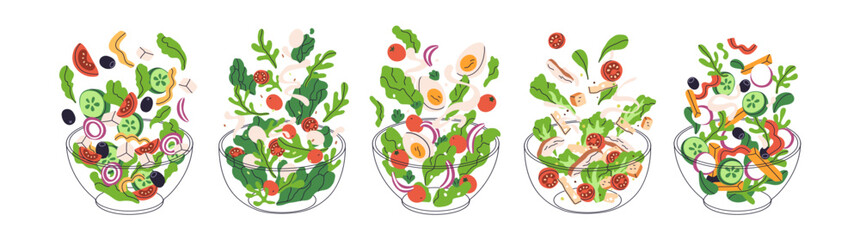 Vegetable salads in bowls set. Cooking fresh healthy dishes. Ingredients flying, falling down, lettuce, tomato, green herbs, olive and egg. Flat vector illustration isolated on white background