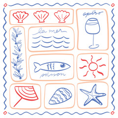 Trendy Minimal summer seamless pattern Vacation Moment with hand drawn Line , geometric , Waves, palm trees each life elements Vector illustration,Design for fashion , fabric, textile, wallpaper, wrap