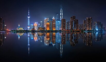 Panoramic view of a city skyline at night, reflected in a calm river