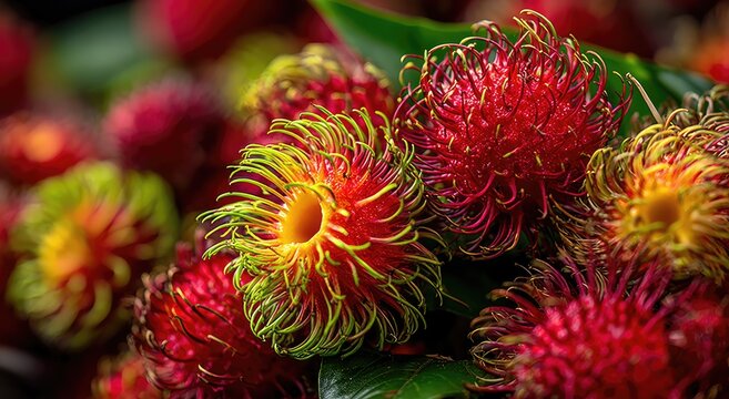 Close-up of rambutan fruits. Lush, vibrant red, and green tropical fruit with fuzzy skin