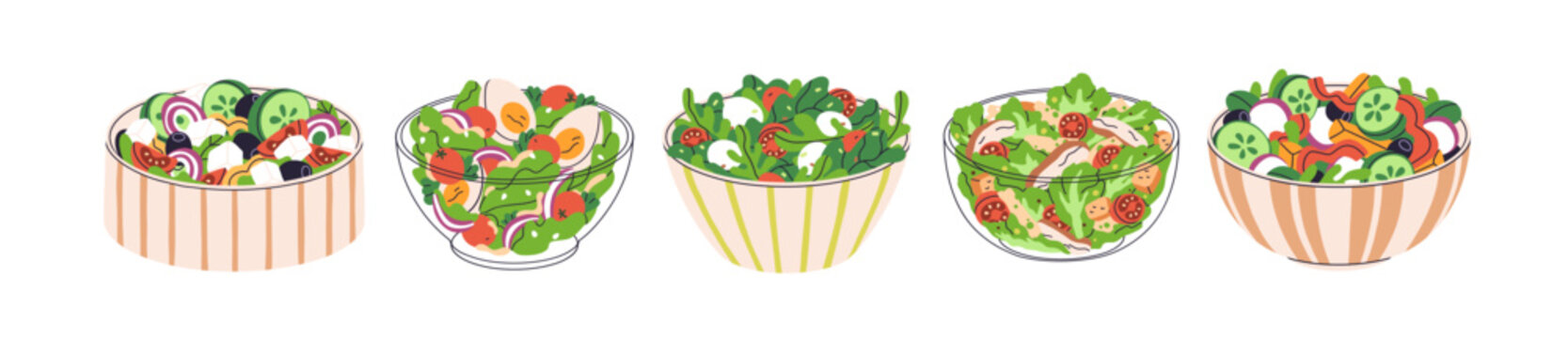 Fresh salad bowls set. Healthy food with vegetables, greens. Vitamin dishes with lettuce, tomato, olive, chicken and egg. Light diet nutrition. Flat vector illustration isolated on white background