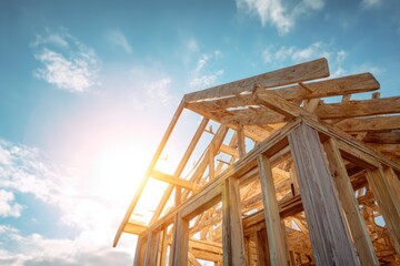 Wooden house under construction, sunlit beams against a partly cloudy sky