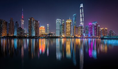 Fototapeta premium Panoramic view of a city skyline at night, reflected in the water (1)
