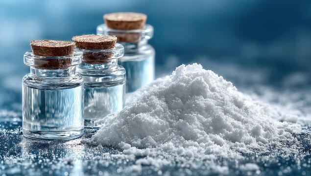 Three small glass bottles with cork stoppers and a pile of white powder on a dark, reflective surface