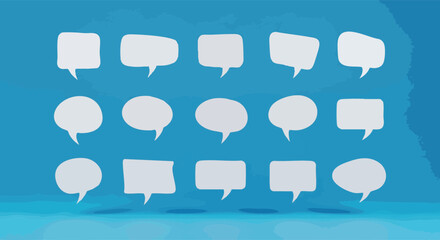 Various white speech bubbles floating against a vibrant, light-blue background, representing communication.