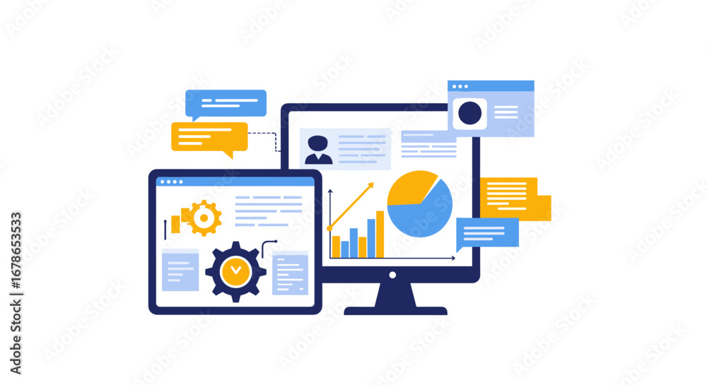 Wall mural data analytics concept with interactive charts and graphs on digital screens