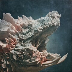 Close-up of a fantastical, ornate dragon head, light beige and pale pink, with an open maw