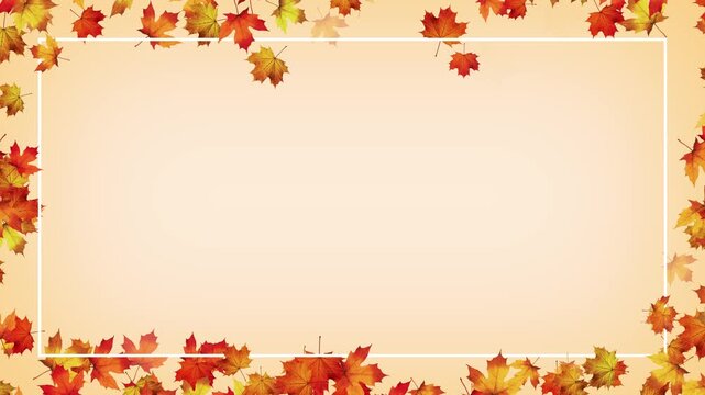 colorful autumn middle border frame with maple leaves on cream back animation, leaf thanksgiving and Halloween copy space social media motion background