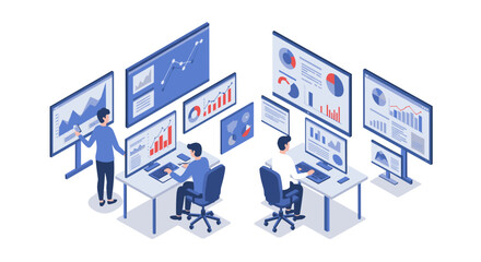 Team analyzing business data on multiple monitors in modern isometric office setting