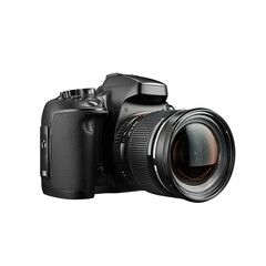 Fototapeta premium Professional black digital camera with a large lens, ready for capturing stunning images.