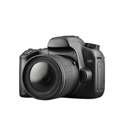 Fototapeta premium Professional black DSLR camera with a large lens, isolated on a white background.