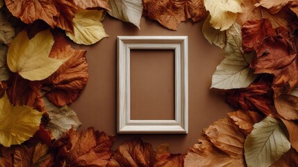 White picture frame resting on wooden surface, surrounded by scattered autumn leaves in warm orange, yellow, brown hues, creating seasonal minimalist composition