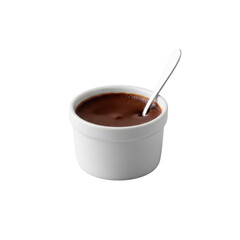Rich dark chocolate pot de cr&egrave;me au chocolat, glossy, in white porcelain ramekin with silver spoon on seamless transparent background. Concept of gourmet indulgence