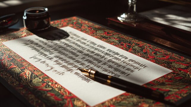 Naklejki Art of calligraphy with elegant fountain pen on ornate paper in sunlit setting