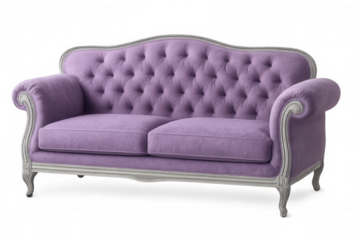 Classic purple sofa with capitonné upholstery and wooden frame, isolated on transparent background, ideal for interior design projects