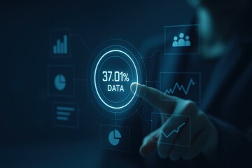 A hand interacts with a digital interface displaying data visualizations and a highlighted percentage, evoking a modern and technological feel.