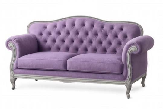 Classic purple sofa with capitonné upholstery and wooden frame, isolated on transparent background, ideal for interior design projects - Powered by Adobe