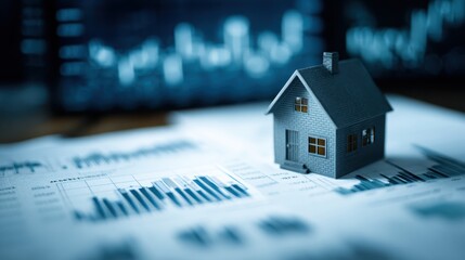 Tiny model house positioned atop financial paperwork with data charts, representing real estate market analysis, investment strategy, and property valuation