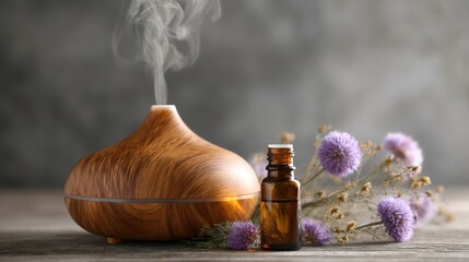 Wooden essential oil diffuser dispersing fragrant steam, glass bottle, lavender bloom resting on rustic wooden backdrop, generating serene aromatic ambiance