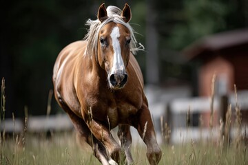 Fototapeta premium A brown horse with a white face spot is running in a field