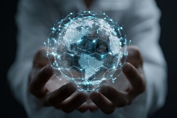 Hands holding a holographic Earth