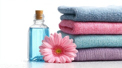 Soft pastel towels arranged with pink gerbera bloom beside transparent soap bottle, presenting serene wellness and personal care setting
