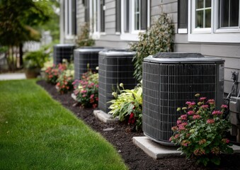 Three air conditioners sit outside a house near flowers
