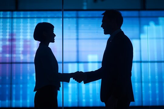 Successful business partnership sealed with a handshake against a blue data backdrop symbolizing growth and innovation