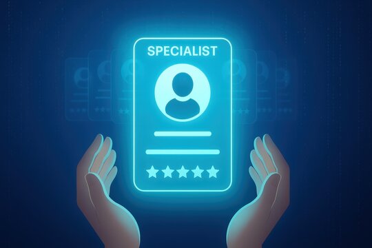A glowing digital specialist profile card is held between two hands, highlighting a digital expertise concept.