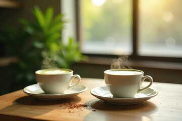 Obraz premium Two steaming cups of matcha latte on a wooden table bathed in sunlight, next to a lush green plant, offering a serene and peaceful moment of tranquility
