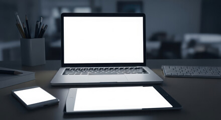 Modern office desk setup with laptop, tablet, and smartphone displaying blank screens in low light
